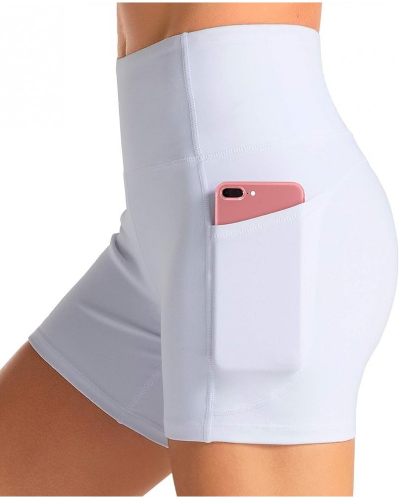 High Waist Yoga Shorts for Women with 2 Side Pockets Tummy Control Running Home Workout Shorts White $10.80 Activewear