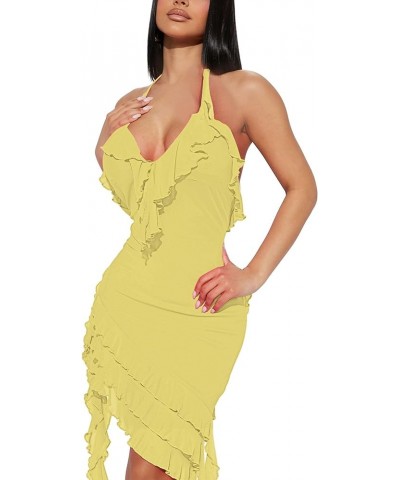 Summer Sexy Dresses for Women Sheer Mesh Bodycon Sleeveless V-Neck Short Party Dress Elegant Backless Ruffle Club A Yellow $2...