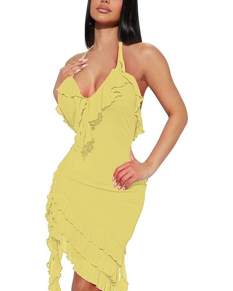 Summer Sexy Dresses for Women Sheer Mesh Bodycon Sleeveless V-Neck Short Party Dress Elegant Backless Ruffle Club A Yellow $2...