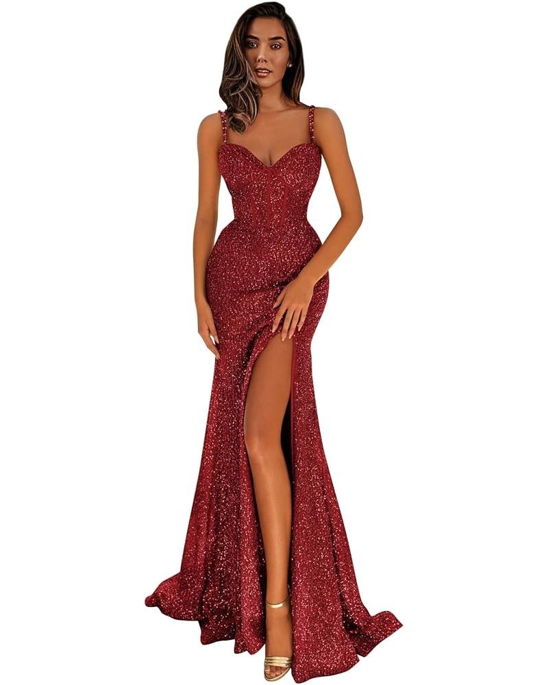 Sparkly Prom Dress for Women Sequin Mermaid Spaghetti Straps Long Formal Evening Dresses with Slit Burgundy $31.19 Dresses