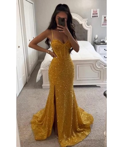 Sparkly Prom Dress for Women Sequin Mermaid Spaghetti Straps Long Formal Evening Dresses with Slit Burgundy $31.19 Dresses