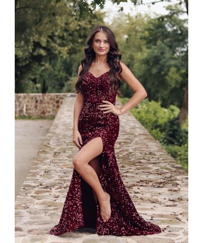 Sparkly Prom Dress for Women Sequin Mermaid Spaghetti Straps Long Formal Evening Dresses with Slit Burgundy $31.19 Dresses