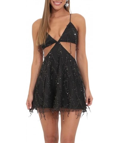 Women Sequin Short A Line Dress Spaghetti Strap Backless Bandage Mini Dress Halter V Neck Sparkly Party Dress Ca Black $9.94 ...