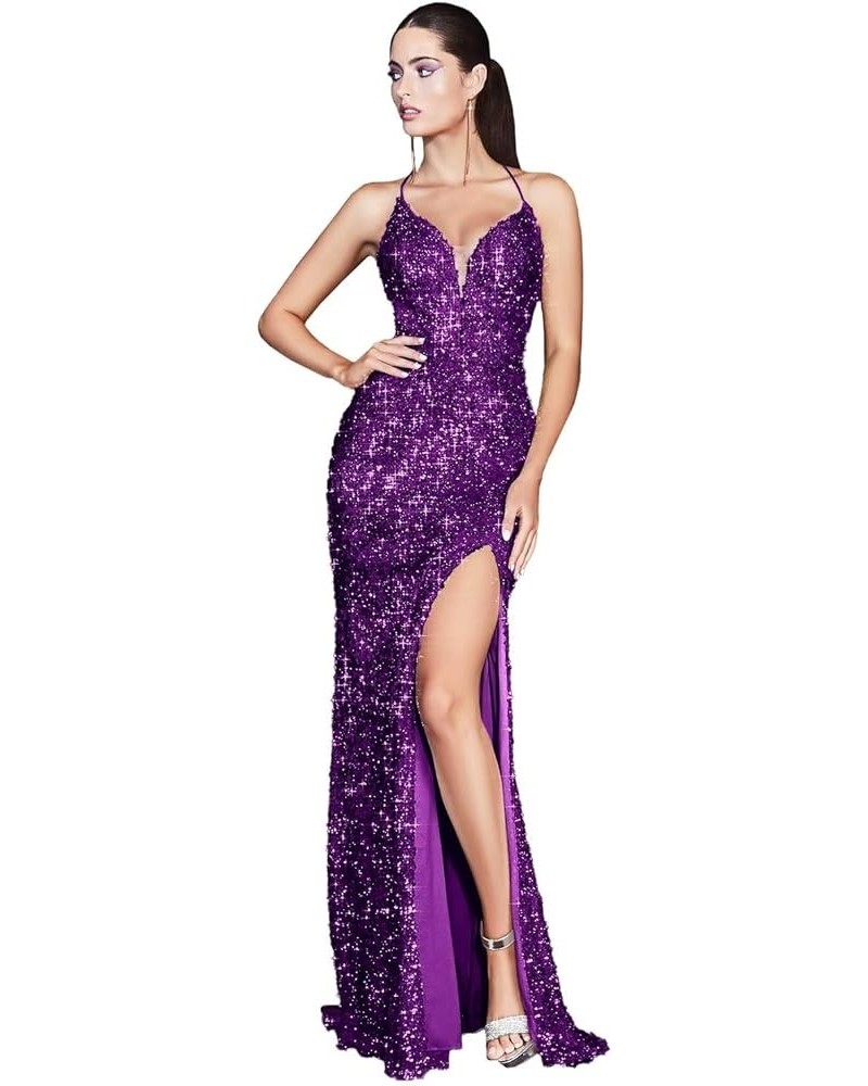 Women's Sparkly Tight Sequin Prom Dress Bodycon Mermaid with Slit Formal Evening Party Gowns Grape $25.85 Dresses