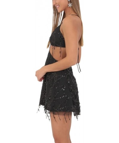 Women Sequin Short A Line Dress Spaghetti Strap Backless Bandage Mini Dress Halter V Neck Sparkly Party Dress Ca Black $9.94 ...