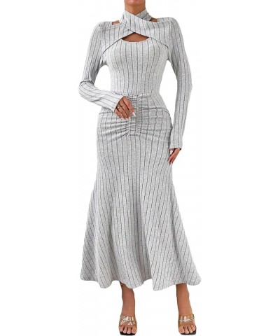 Women's Wrap V Neck Ruched Front Long Sleeve Flared A Line Long Dress Light Grey Pure Solid $29.50 Dresses