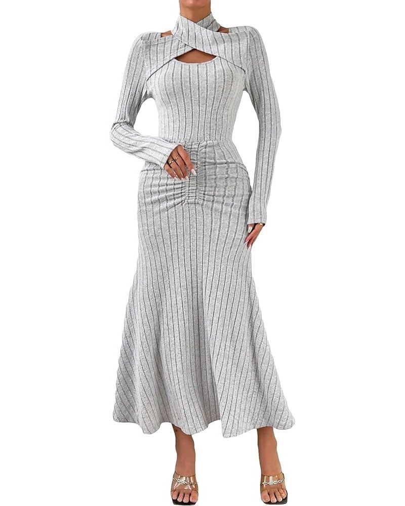 Women's Wrap V Neck Ruched Front Long Sleeve Flared A Line Long Dress Light Grey Pure Solid $29.50 Dresses