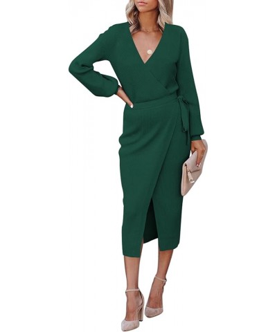 Women's Wrap V Neck Long Sleeve Belted Sweater Ribbed Knit Midi Dress Green $24.51 Dresses