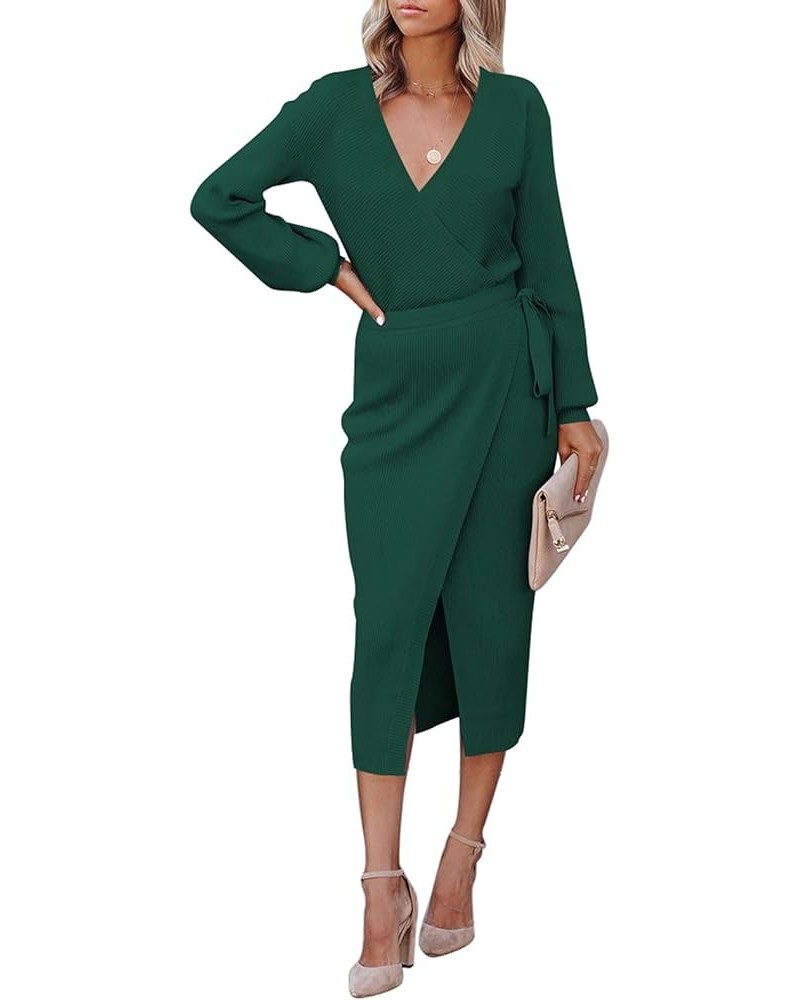 Women's Wrap V Neck Long Sleeve Belted Sweater Ribbed Knit Midi Dress Green $24.51 Dresses