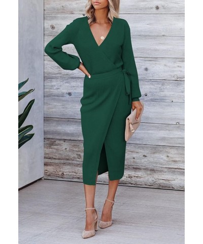 Women's Wrap V Neck Long Sleeve Belted Sweater Ribbed Knit Midi Dress Green $24.51 Dresses