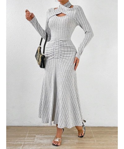 Women's Wrap V Neck Ruched Front Long Sleeve Flared A Line Long Dress Light Grey Pure Solid $29.50 Dresses