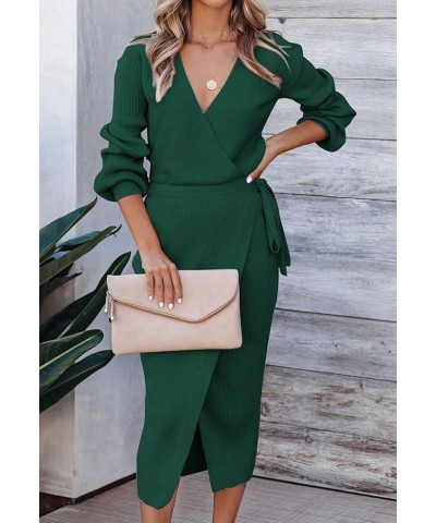 Women's Wrap V Neck Long Sleeve Belted Sweater Ribbed Knit Midi Dress Green $24.51 Dresses