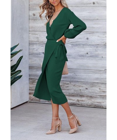 Women's Wrap V Neck Long Sleeve Belted Sweater Ribbed Knit Midi Dress Green $24.51 Dresses