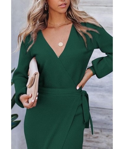 Women's Wrap V Neck Long Sleeve Belted Sweater Ribbed Knit Midi Dress Green $24.51 Dresses