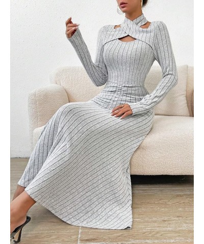 Women's Wrap V Neck Ruched Front Long Sleeve Flared A Line Long Dress Light Grey Pure Solid $29.50 Dresses