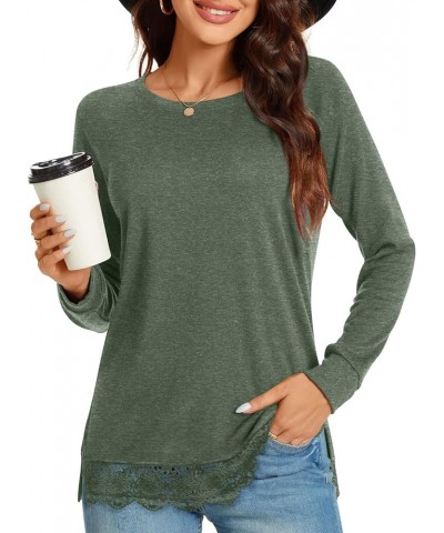 Women's Casual Long Sleeve Tops Lace Hem T-Shirt Side Split Tunic 01 Hb-dark Green $13.24 Tops