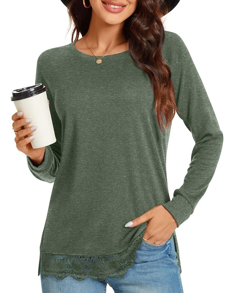 Women's Casual Long Sleeve Tops Lace Hem T-Shirt Side Split Tunic 01 Hb-dark Green $13.24 Tops