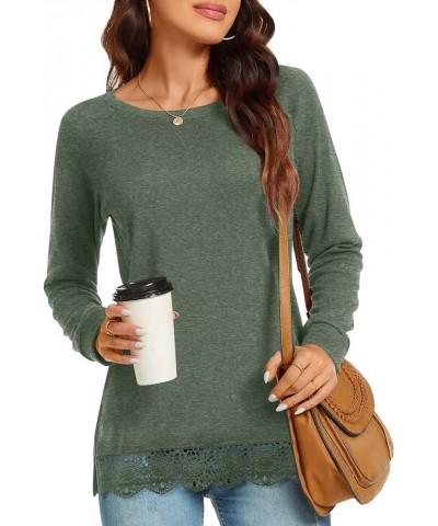 Women's Casual Long Sleeve Tops Lace Hem T-Shirt Side Split Tunic 01 Hb-dark Green $13.24 Tops