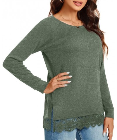 Women's Casual Long Sleeve Tops Lace Hem T-Shirt Side Split Tunic 01 Hb-dark Green $13.24 Tops