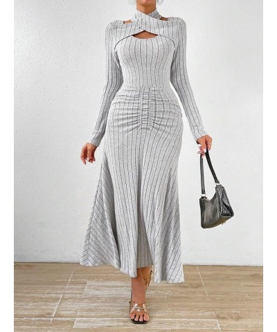 Women's Wrap V Neck Ruched Front Long Sleeve Flared A Line Long Dress Light Grey Pure Solid $29.50 Dresses