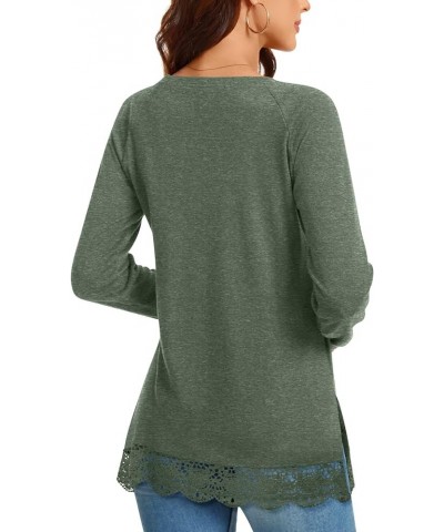 Women's Casual Long Sleeve Tops Lace Hem T-Shirt Side Split Tunic 01 Hb-dark Green $13.24 Tops