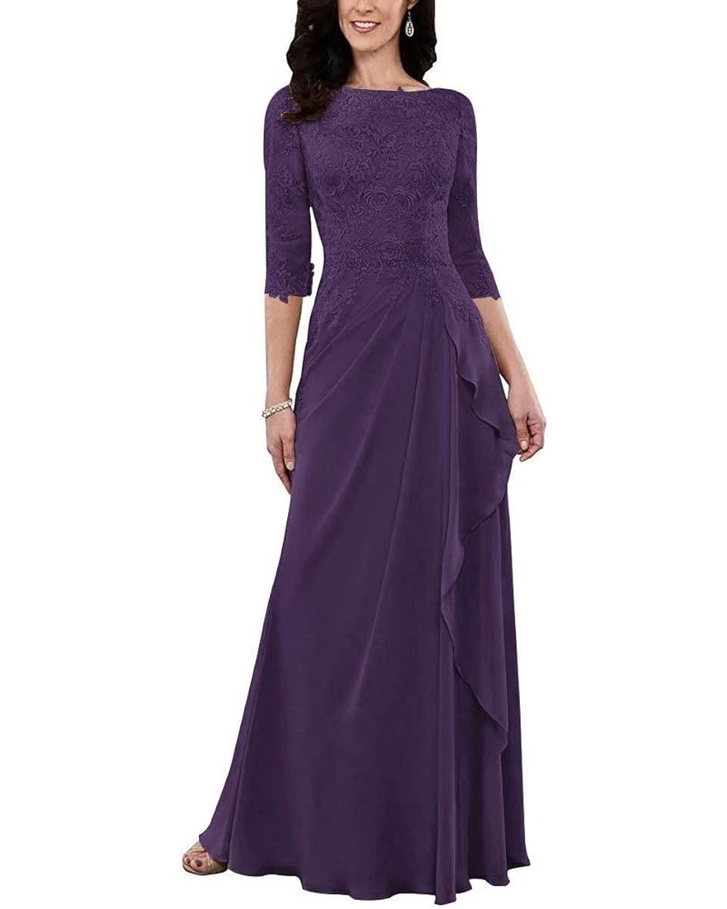 Mother of The Bride Dresses Long Evening Formal Dress 3/4 Sleeve Lace Applique Ruffles Eggplant $45.36 Dresses