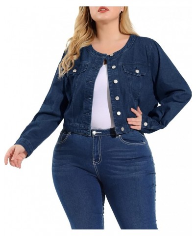 Women's Plus Size Denim Jackets Button Closed Long Sleeve No Collar Crop Denim Jacket 2023 Dark Blue $22.20 Jackets