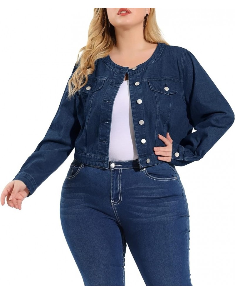 Women's Plus Size Denim Jackets Button Closed Long Sleeve No Collar Crop Denim Jacket 2023 Dark Blue $22.20 Jackets