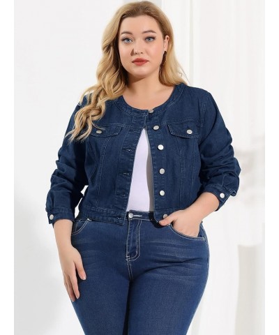 Women's Plus Size Denim Jackets Button Closed Long Sleeve No Collar Crop Denim Jacket 2023 Dark Blue $22.20 Jackets