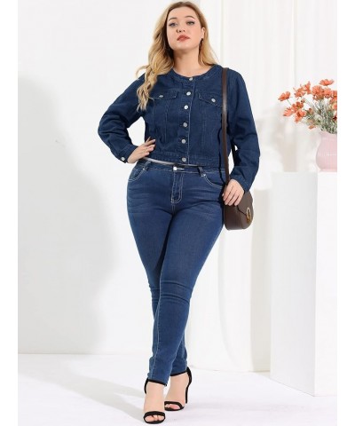 Women's Plus Size Denim Jackets Button Closed Long Sleeve No Collar Crop Denim Jacket 2023 Dark Blue $22.20 Jackets