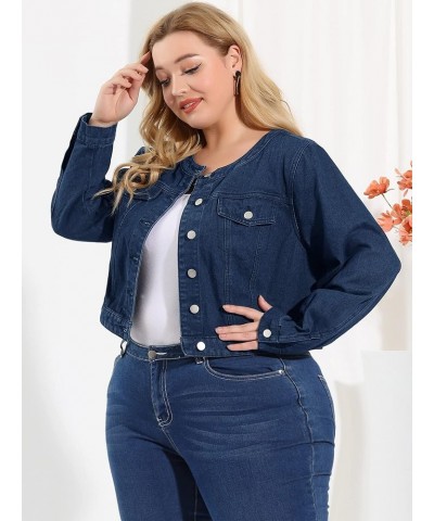 Women's Plus Size Denim Jackets Button Closed Long Sleeve No Collar Crop Denim Jacket 2023 Dark Blue $22.20 Jackets