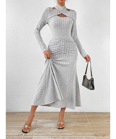 Women's Wrap V Neck Ruched Front Long Sleeve Flared A Line Long Dress Light Grey Pure Solid $29.50 Dresses