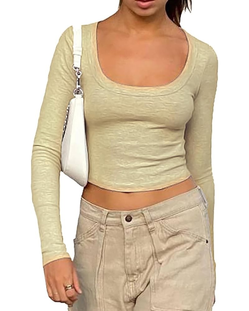 Women Square Neck Crop Top Tee Shirt Ribbed Knit Short Sleeve Workout Yogo Cropped T-Shirt Long Sleeve-beige $10.12 T-Shirts