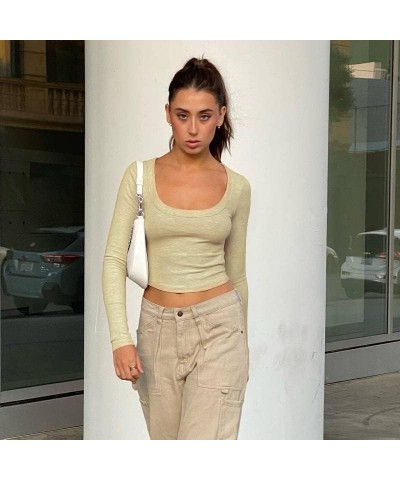 Women Square Neck Crop Top Tee Shirt Ribbed Knit Short Sleeve Workout Yogo Cropped T-Shirt Long Sleeve-beige $10.12 T-Shirts