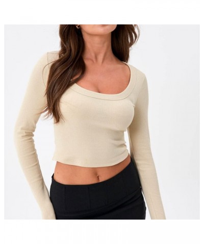 Women Square Neck Crop Top Tee Shirt Ribbed Knit Short Sleeve Workout Yogo Cropped T-Shirt Long Sleeve-beige $10.12 T-Shirts