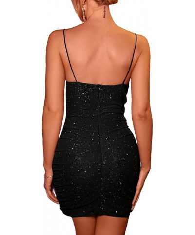 Women's Glitter Sequin Cowl Neck Spaghetti Straps Sleeveless Party Club Bodycon Mini Dress Black $24.47 Dresses