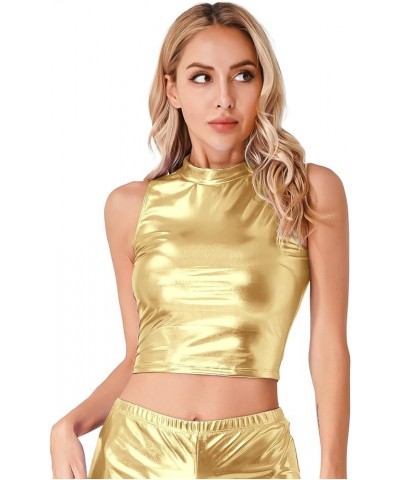 Women's Metallic Liquid Sleeveless Mock Neck Turtleneck Crop Tank Tops Clubwear Gold $8.11 Tanks