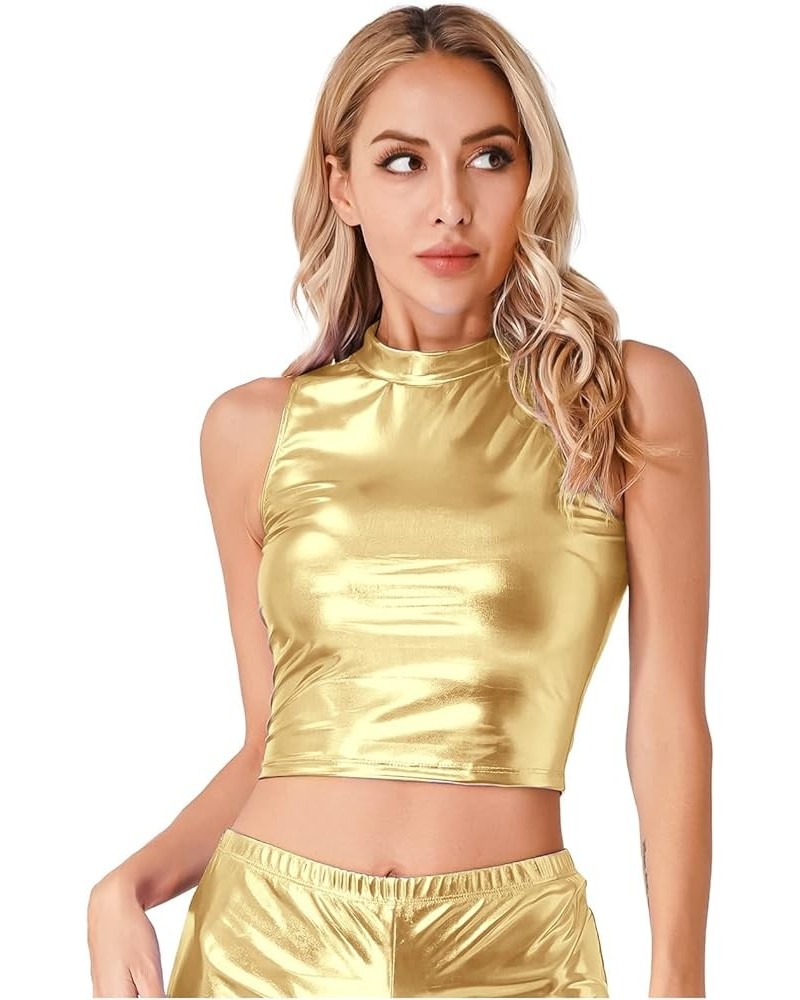 Women's Metallic Liquid Sleeveless Mock Neck Turtleneck Crop Tank Tops Clubwear Gold $8.11 Tanks