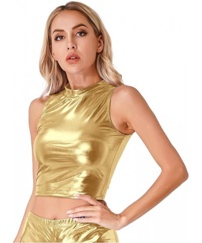 Women's Metallic Liquid Sleeveless Mock Neck Turtleneck Crop Tank Tops Clubwear Gold $8.11 Tanks