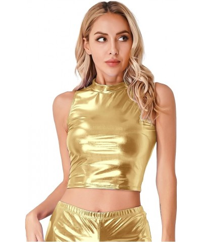 Women's Metallic Liquid Sleeveless Mock Neck Turtleneck Crop Tank Tops Clubwear Gold $8.11 Tanks