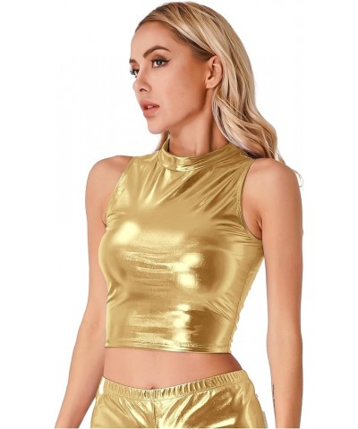 Women's Metallic Liquid Sleeveless Mock Neck Turtleneck Crop Tank Tops Clubwear Gold $8.11 Tanks