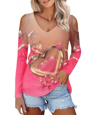 Cold Shoulder Tops for Women Deep V Neck Valentine's Day Heart Prints Long Sleeve Shirts Casual Tee Blouse Pink $9.68 Tops