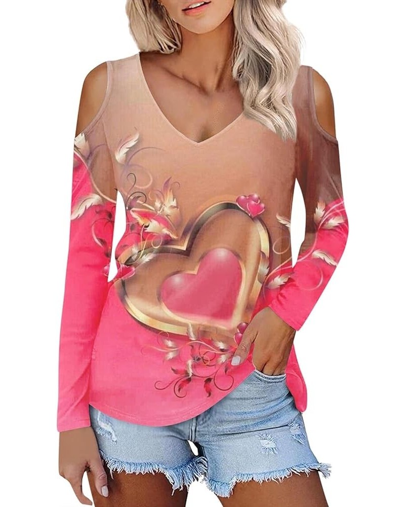 Cold Shoulder Tops for Women Deep V Neck Valentine's Day Heart Prints Long Sleeve Shirts Casual Tee Blouse Pink $9.68 Tops