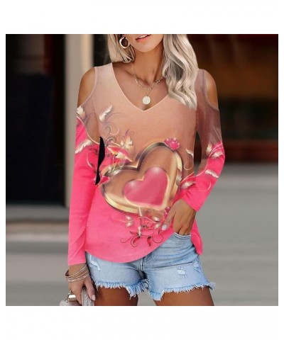 Cold Shoulder Tops for Women Deep V Neck Valentine's Day Heart Prints Long Sleeve Shirts Casual Tee Blouse Pink $9.68 Tops