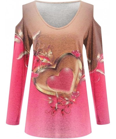 Cold Shoulder Tops for Women Deep V Neck Valentine's Day Heart Prints Long Sleeve Shirts Casual Tee Blouse Pink $9.68 Tops