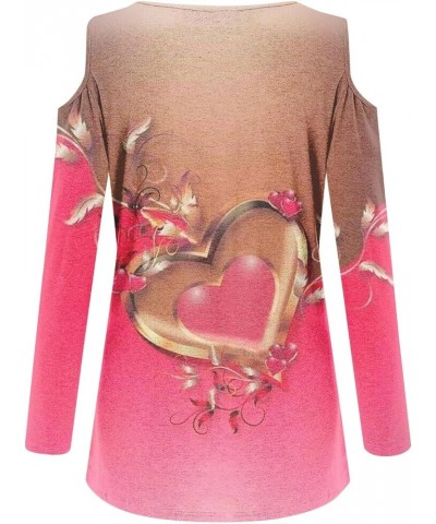 Cold Shoulder Tops for Women Deep V Neck Valentine's Day Heart Prints Long Sleeve Shirts Casual Tee Blouse Pink $9.68 Tops