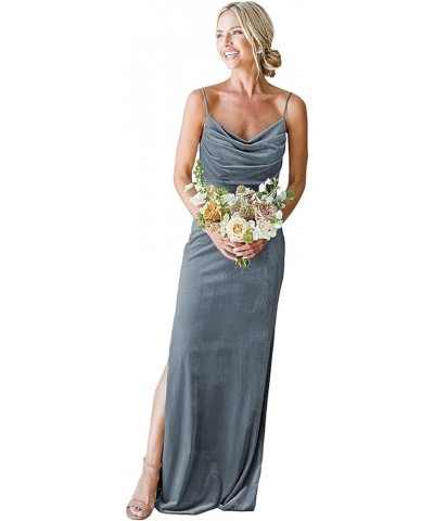 Women's Cowl Neck Velvet Bridesmaid Dress Long Spaghetti Straps Formal Wedding Guest Dresses with Side Slit Dusty Blue $32.85...