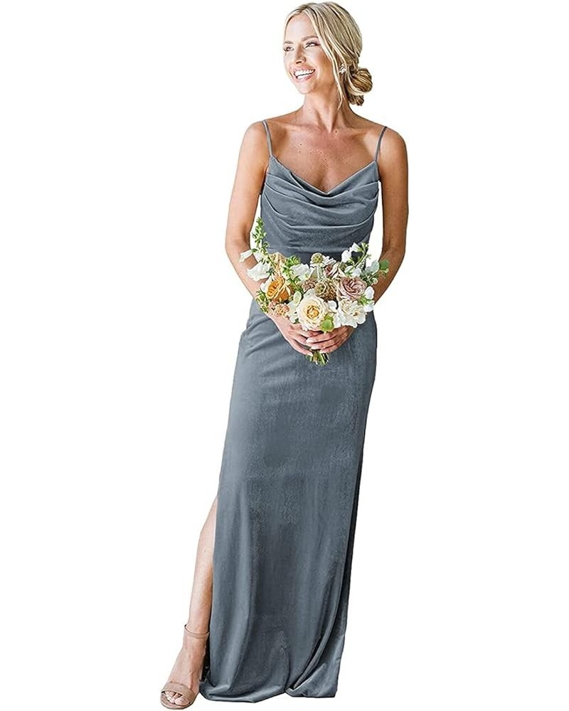 Women's Cowl Neck Velvet Bridesmaid Dress Long Spaghetti Straps Formal Wedding Guest Dresses with Side Slit Dusty Blue $32.85...