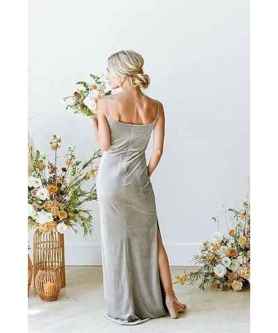 Women's Cowl Neck Velvet Bridesmaid Dress Long Spaghetti Straps Formal Wedding Guest Dresses with Side Slit Dusty Blue $32.85...