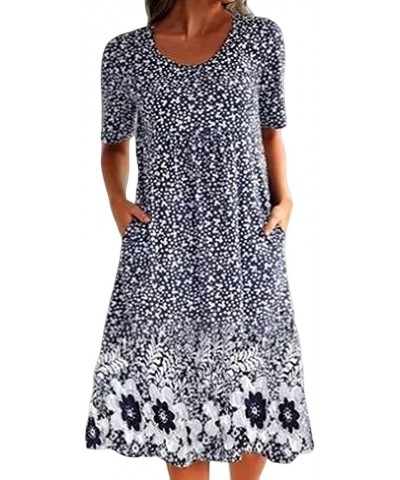 Women's Summer Floral Print Dress Casual Round Collar Short Sleeves Knee Length Beach Dress with Pocket Loose Sundress Floral...